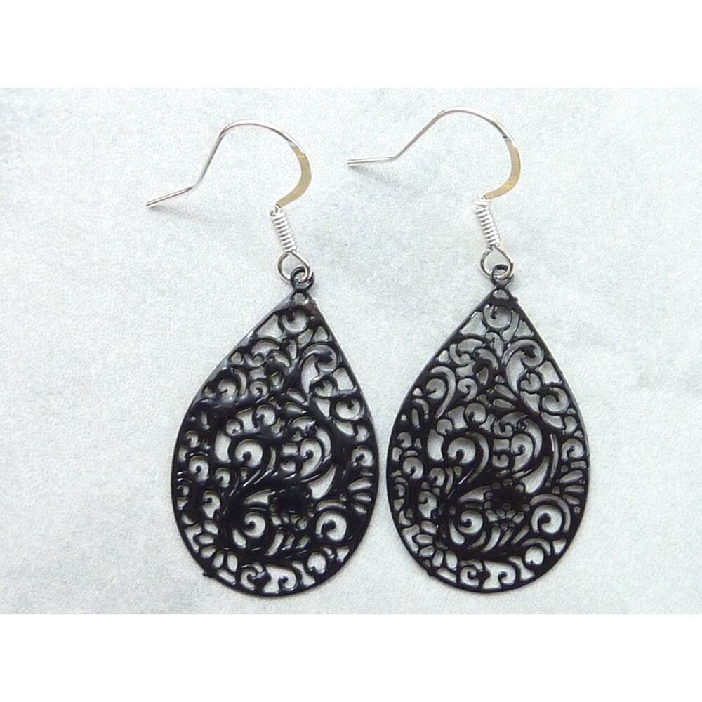 Black Filigree Teardrop Earrings Silver